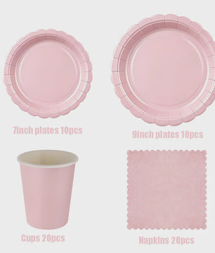 Elegant Roze Scalloped Rand Papieren Borden, Bekers & Servetten Set