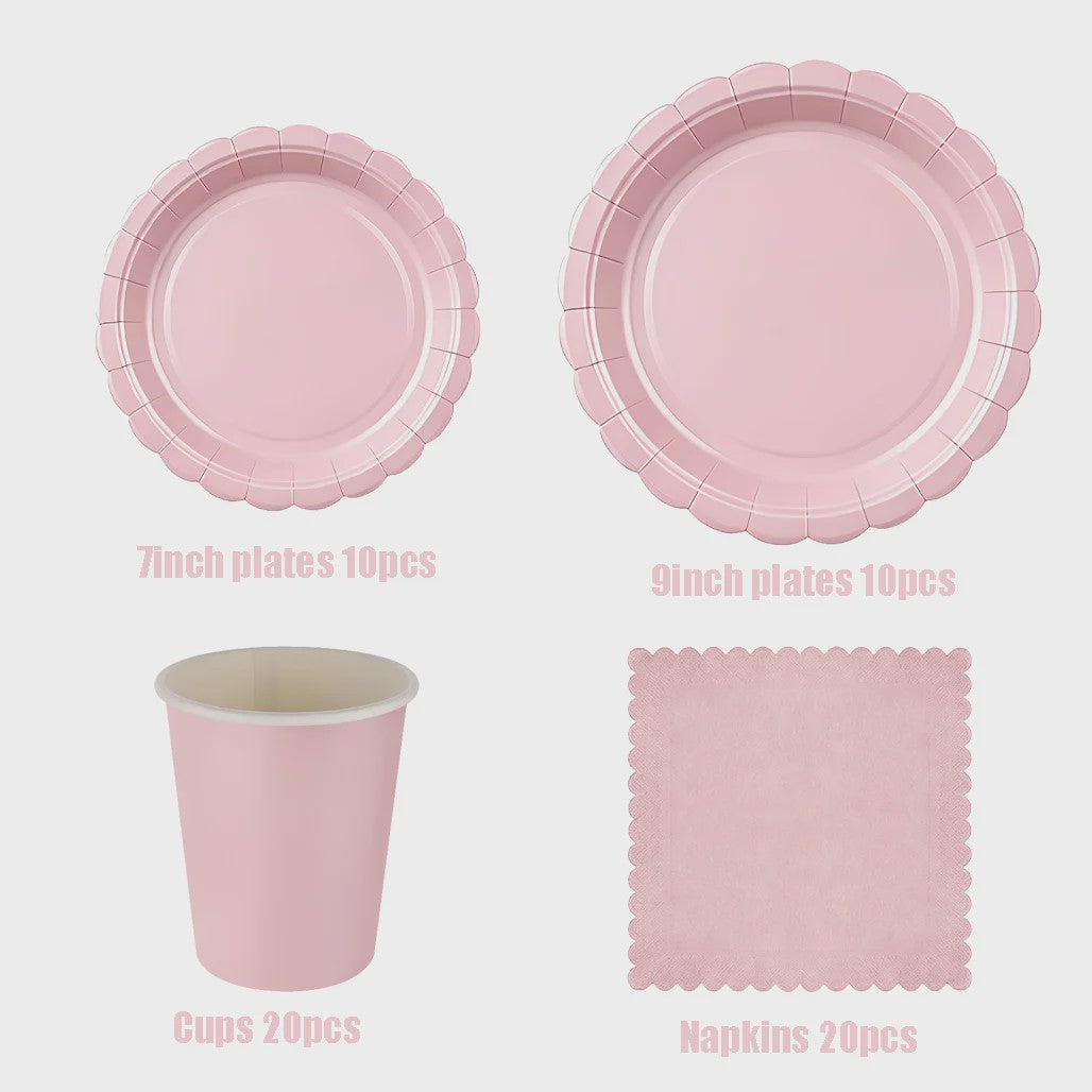 Elegant Roze Scalloped Rand Papieren Borden, Bekers & Servetten Set