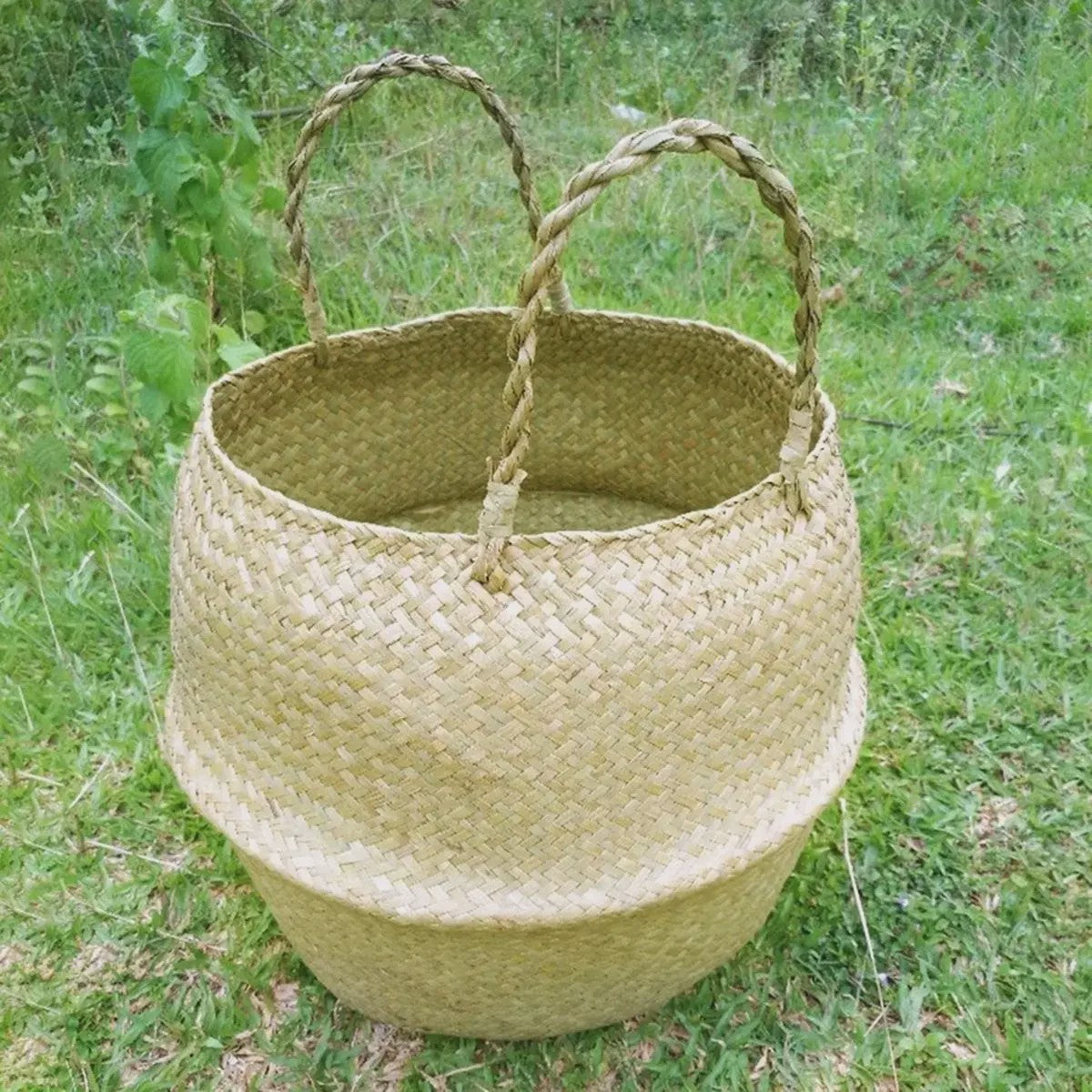 Handgeweven Zeegras Mand met Handvatten - Decoratieve Opbergmand & Plantenpot