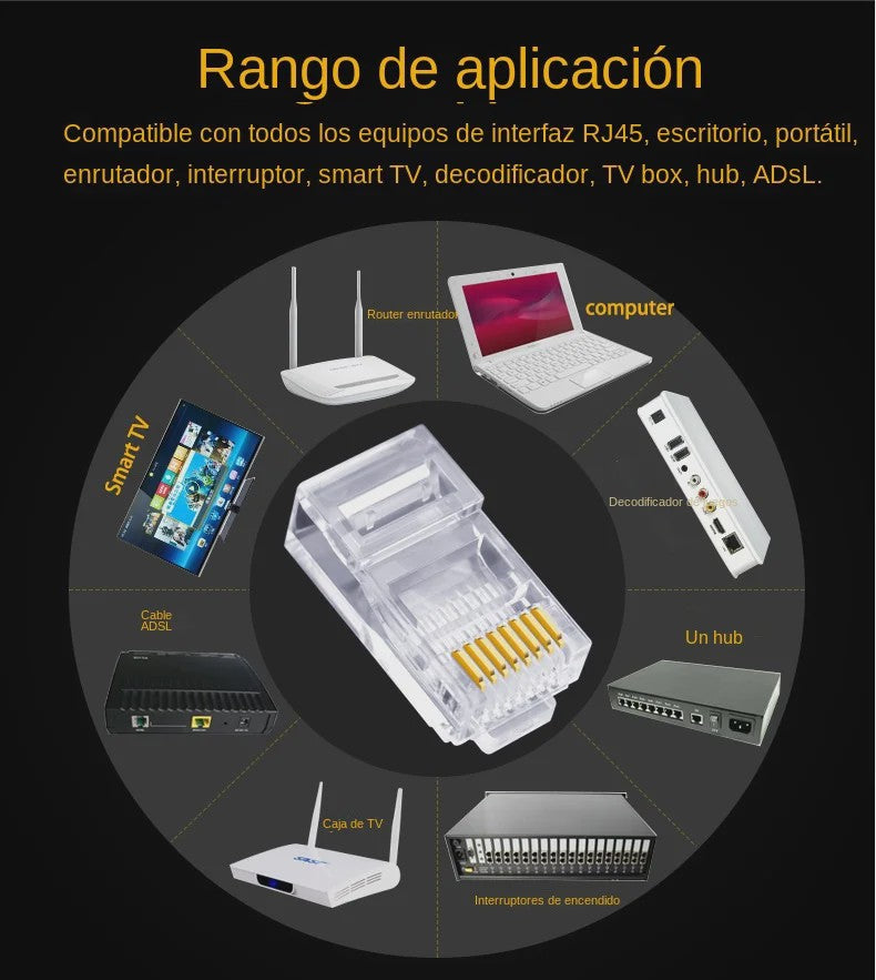 100x RJ45 Connectoren CAT6/CAT5e - Doorvoer Crystal Plug, Goudkleurig, 8P8C Ethernet Modular Plug