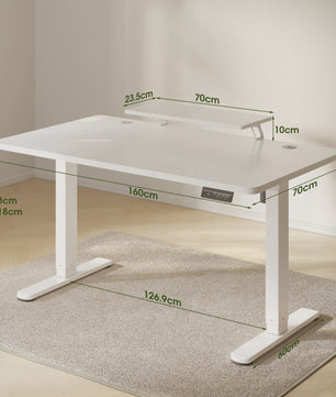 Elektrisch In Hoogte Verstelbaar Bureau 160x70cm Wit met Monitorstandaard - Ergonomisch Zit-Sta Werkplek