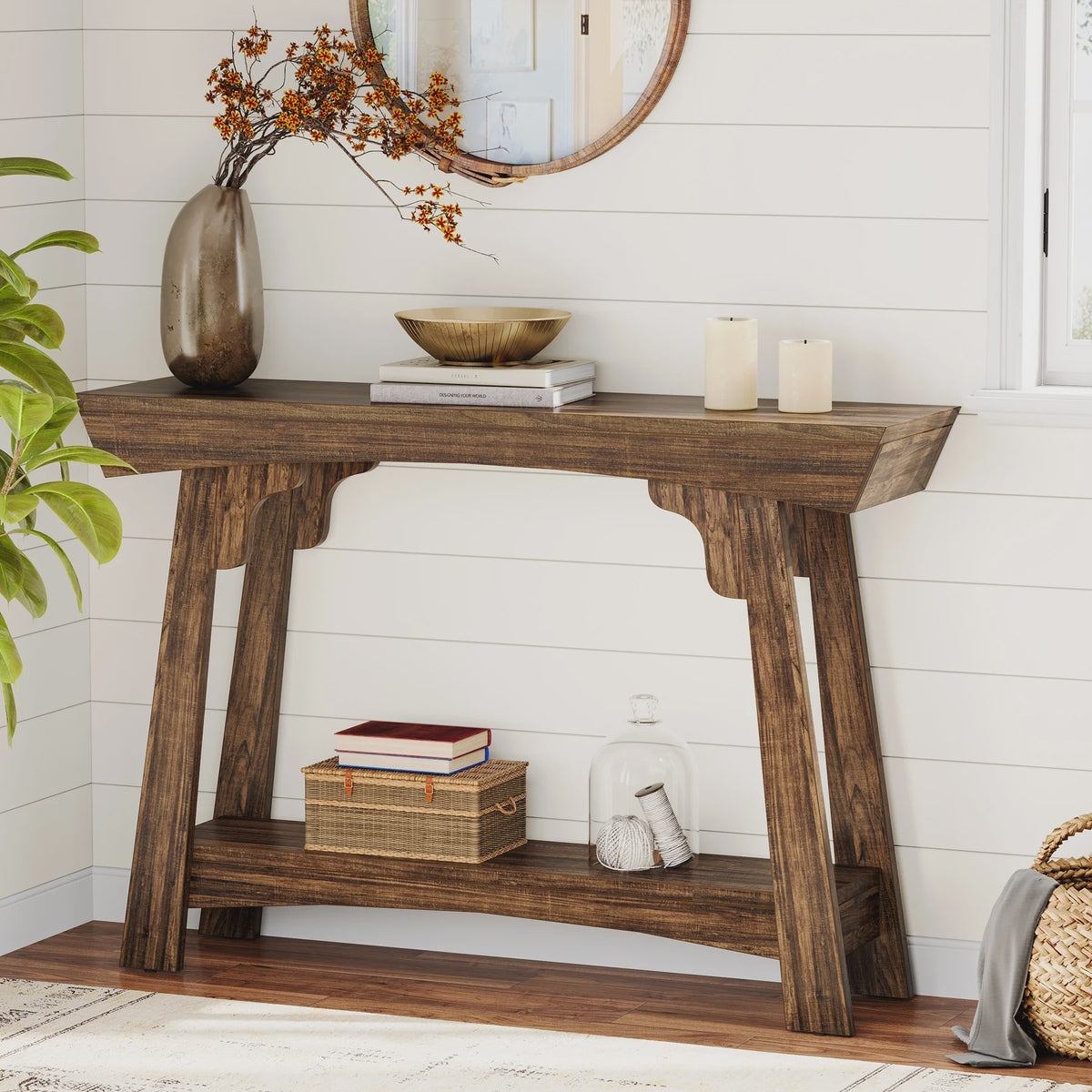 Houten Console Tafel met Opbergplank - Smalle Haltafel in Boerderijstijl