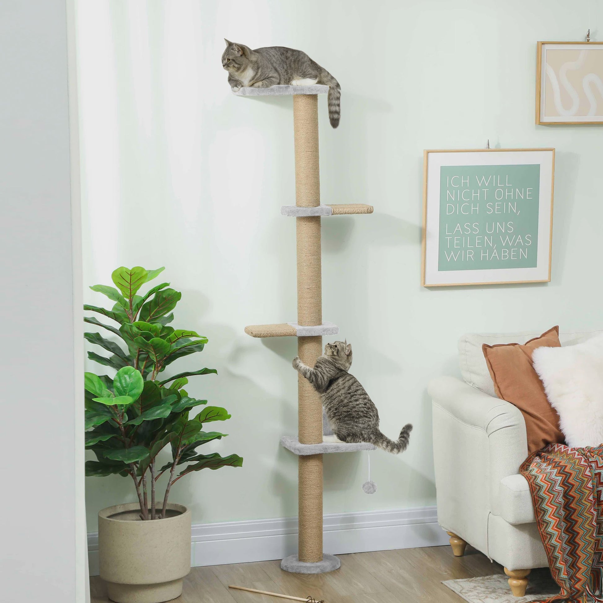Pawhut 5-Niveaus Klimpaal voor Katten - Wandmontage, Krabpaal met Bal, 180 cm, Lichtgrijs