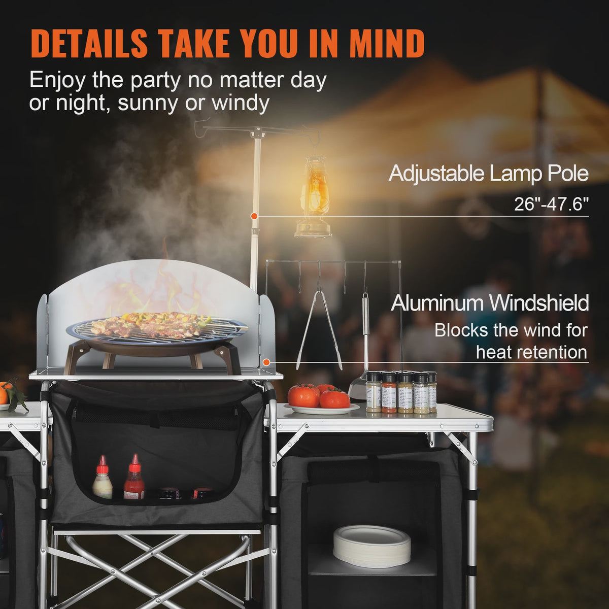 Opvouwbare Camping Keukentafel met Opbergkastjes en Windscherm - Aluminium
