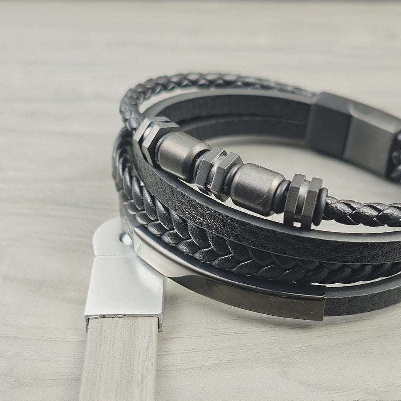 Luxe Heren Armband van Gevlochten Leer met Magnetische Sluiting en RVS Details