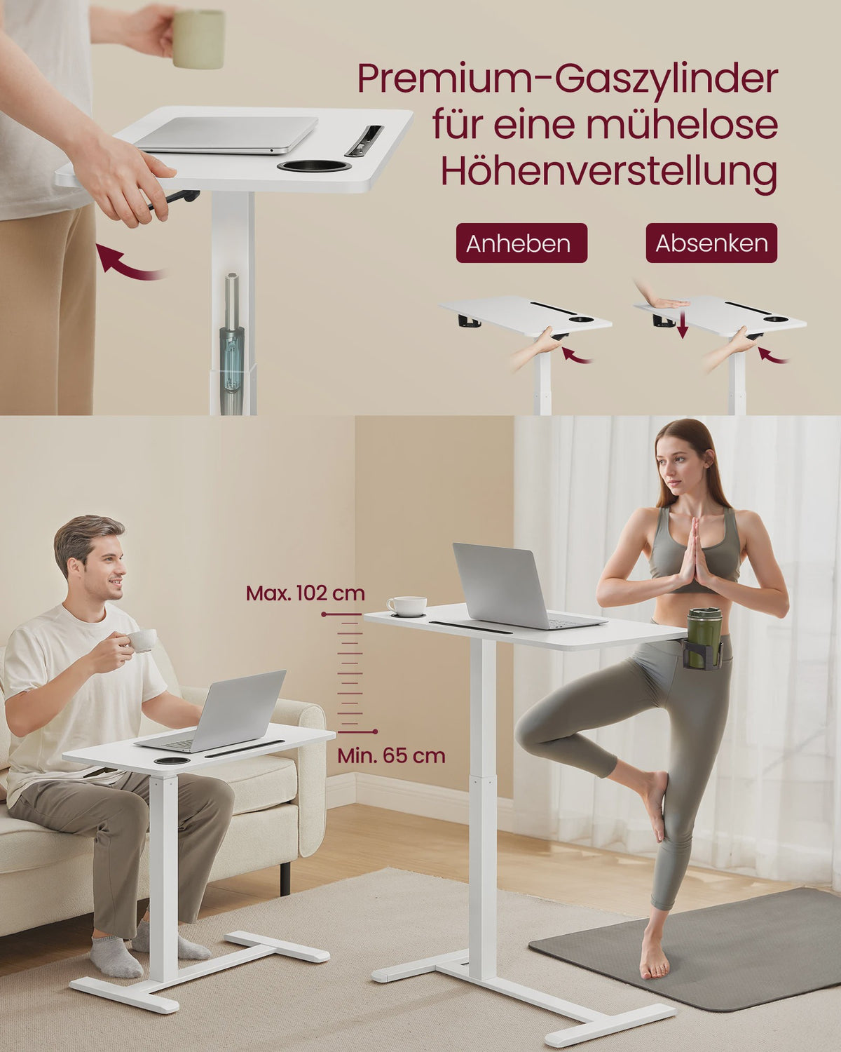 VASAGLE Mobiele bijzettafel met wielen, verstelbare hoogte, 70x40 cm, 2 bekerhouders - Ideaal als laptoptafel of bar