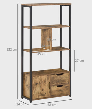 Industriële Boekenkast met 4 Niveaus, 2 Laden en Deur - 58x24x122 cm - Marrón Rústico