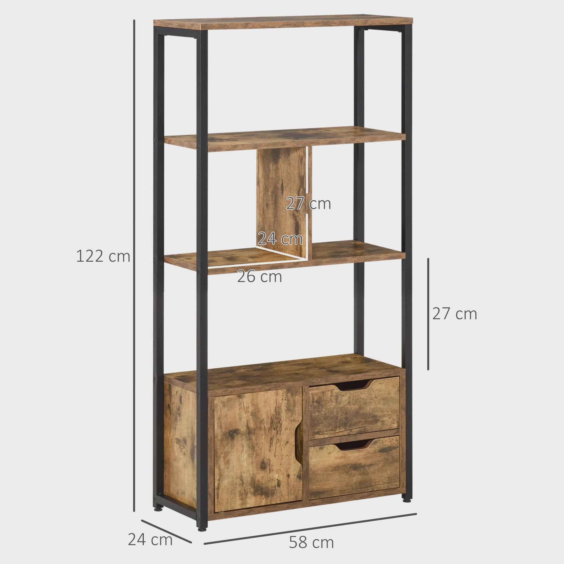 Industriële Boekenkast met 4 Niveaus, 2 Laden en Deur - 58x24x122 cm - Marrón Rústico