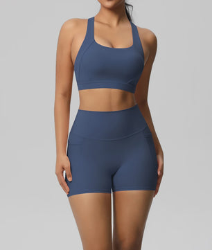 Dames Yoga Set: Sportieve Kleding met Hoge Taille Shorts en Sportbeha met Zakken