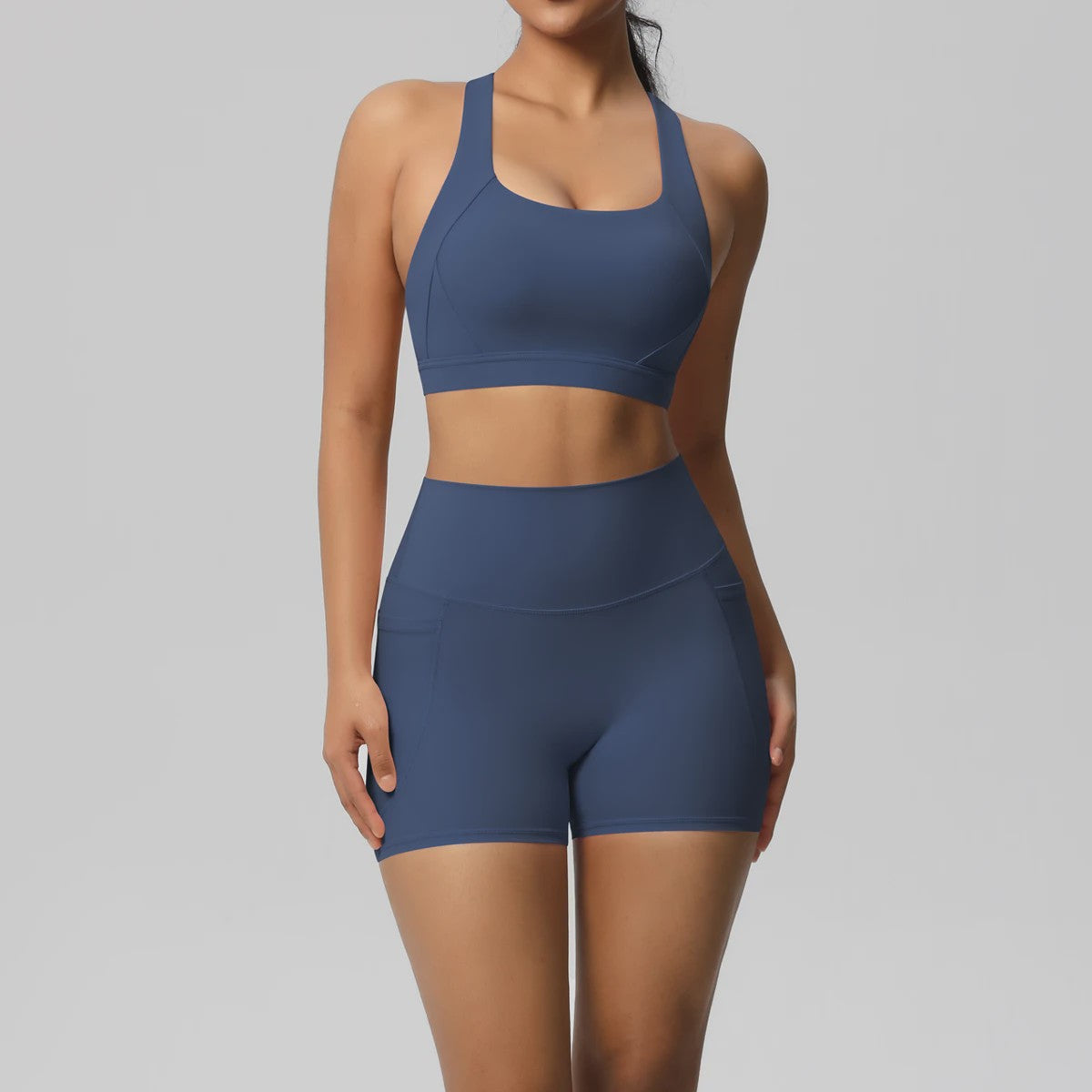 Dames Yoga Set: Sportieve Kleding met Hoge Taille Shorts en Sportbeha met Zakken