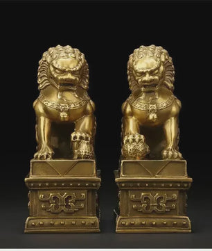 Set van 2 Koperen Feng Shui Leeuw Beeldjes - Symbool van Bescherming en Welvaart