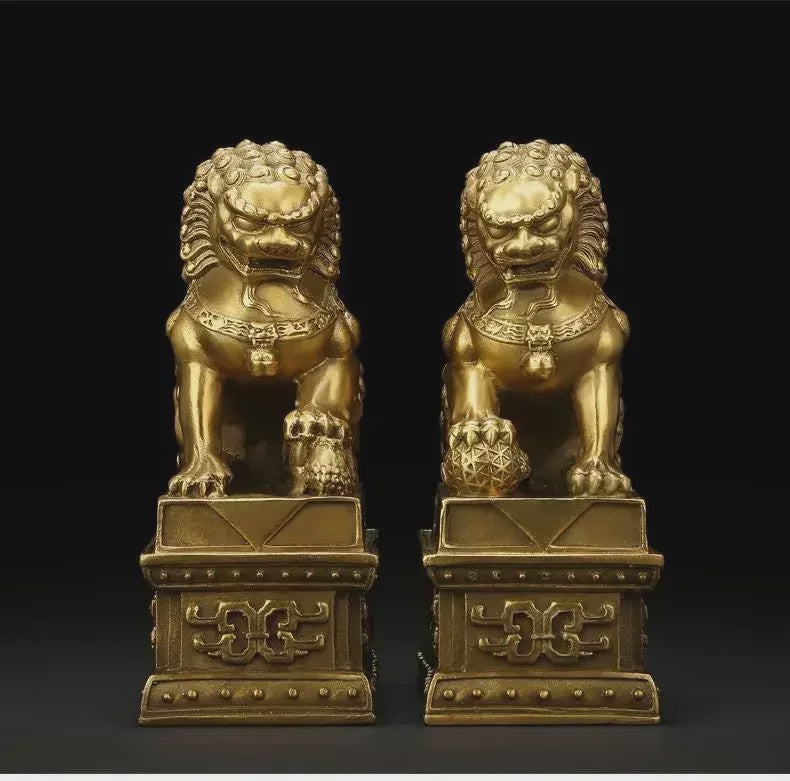 Set van 2 Koperen Feng Shui Leeuw Beeldjes - Symbool van Bescherming en Welvaart