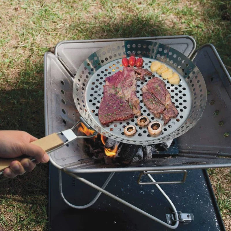 Ronde BBQ Grill Pan met Houten Handvat - Draagbaar & Duurzaam voor Buiten