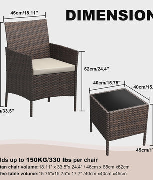 3-delige Buiten Terras Bistroset: PE Rotan Wicker Stoelen met Zachte Kussens & Glazen Salontafel - Compact Tuinmeubilair