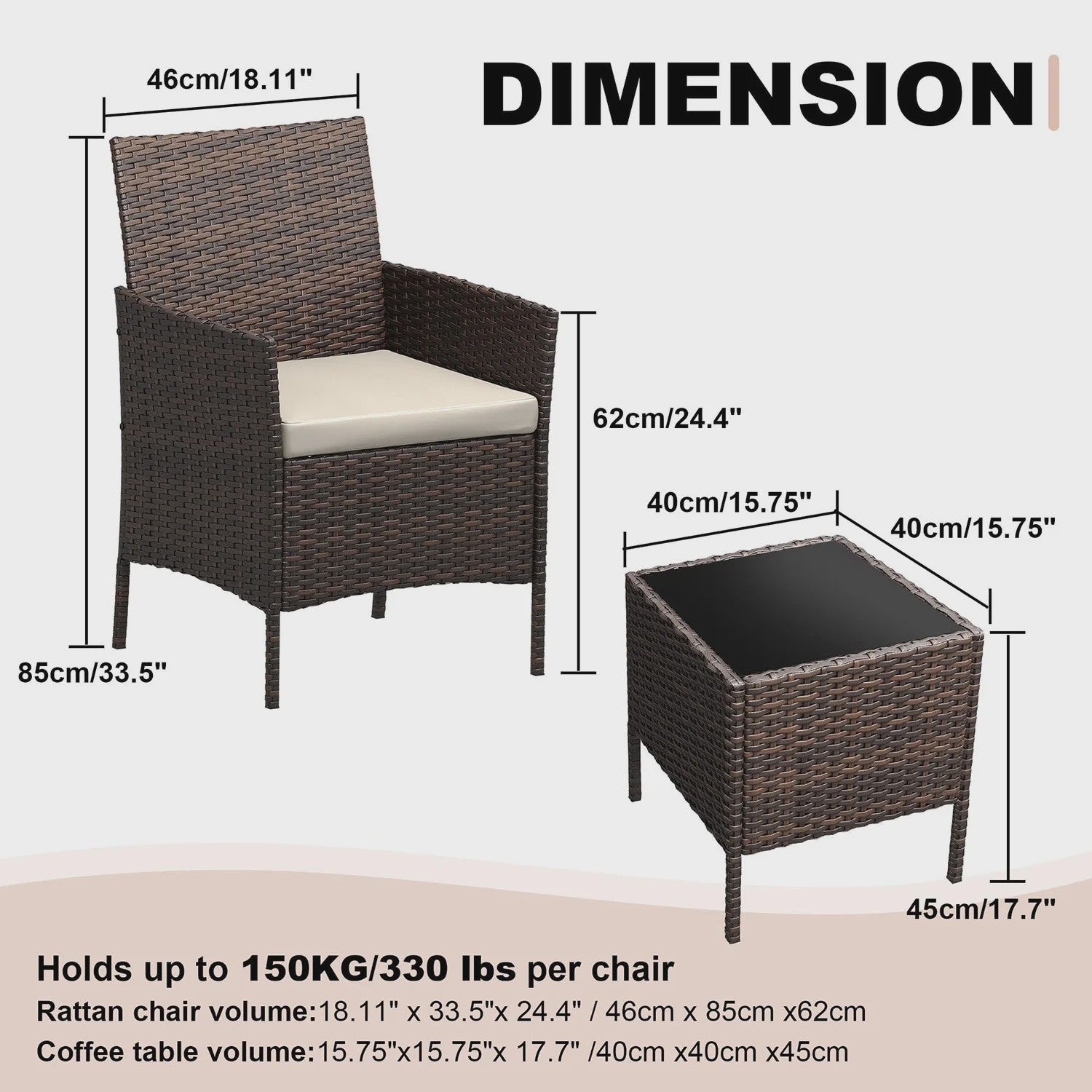 3-delige Buiten Terras Bistroset: PE Rotan Wicker Stoelen met Zachte Kussens & Glazen Salontafel - Compact Tuinmeubilair