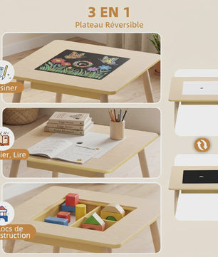 AIYAPLAY Kinder Speeltafel met 2 Stoelen - Opbergruimte & Omkeerbaar Blad