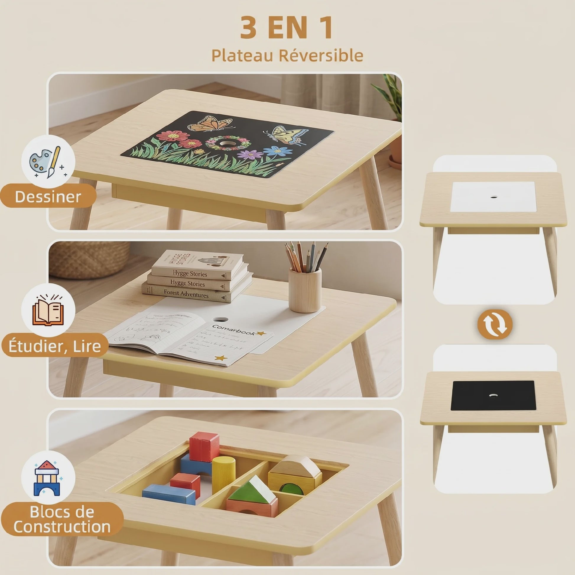 AIYAPLAY Kinder Speeltafel met 2 Stoelen - Opbergruimte & Omkeerbaar Blad