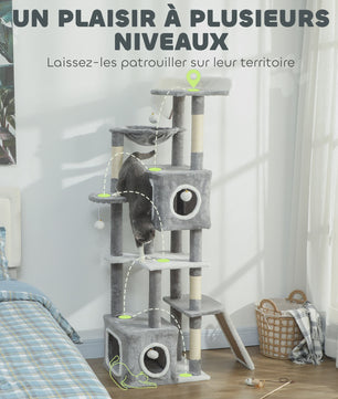 PawHut Kattenkrabpaal 165 cm Grijs - Klimtoren met Krabpalen, Hangmat, Platforms en Speeltjes