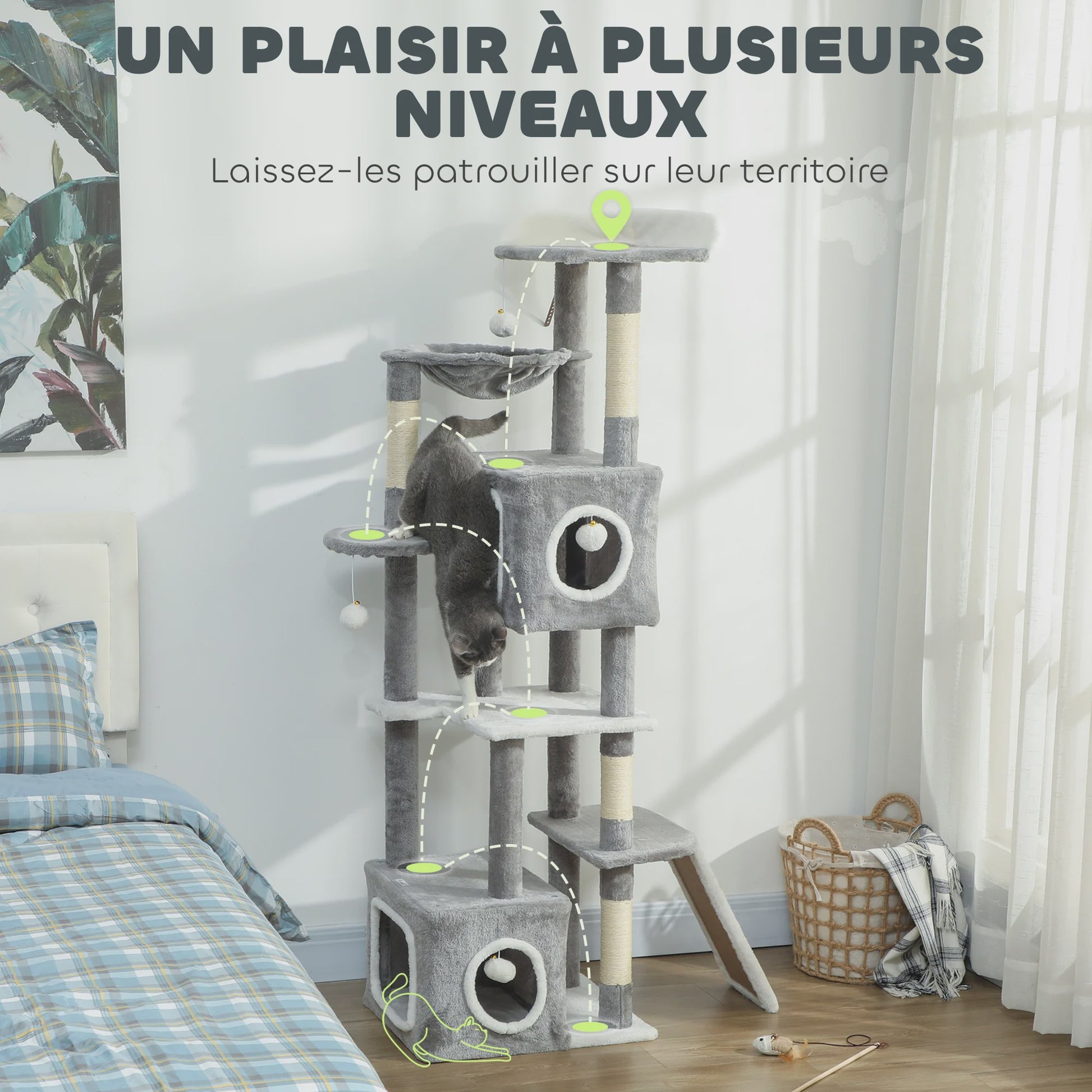 PawHut Kattenkrabpaal 165 cm Grijs - Klimtoren met Krabpalen, Hangmat, Platforms en Speeltjes