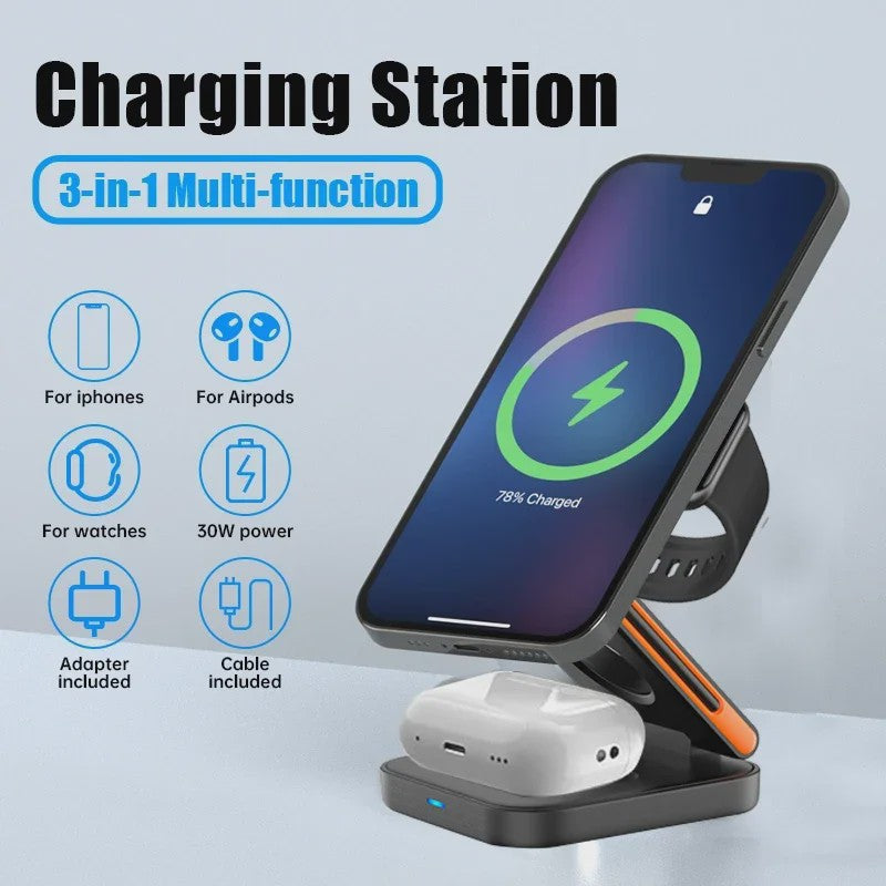 3-in-1 Magnetische Oplaadstation voor iPhone, Apple Watch & AirPods - Opvouwbaar