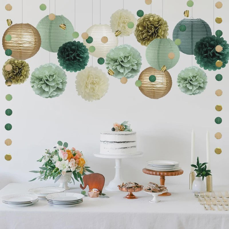 16-delige Feestdecoratie Set: Saliegroene Lampionnen & Pompons in Goud, Ivoor & Grijsgroen
