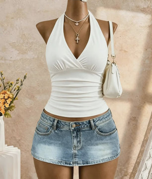 2-Pack Dames Crop Top met Halternek, Diepe V-hals en Ruches - Zomer Y2K Stijl