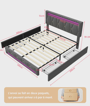 Modern Gestoffeerd Dubbel Bed met LED Verlichting en 4 Opberglades