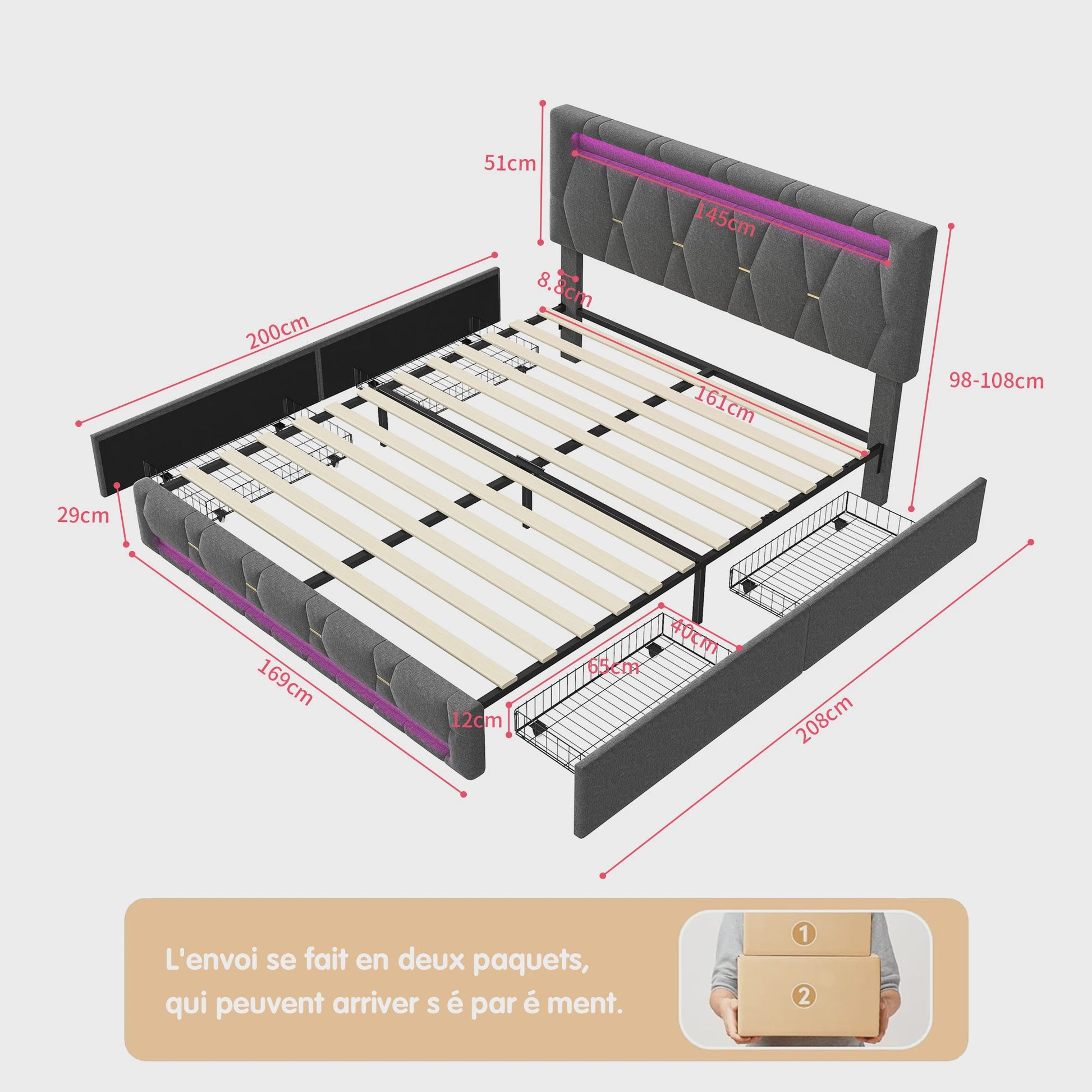 Modern Gestoffeerd Dubbel Bed met LED Verlichting en 4 Opberglades