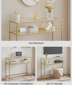 VASAGLE Console Tafel met 2 Glazen Legborden - Goudkleurig Metaal - 100x35x80 cm