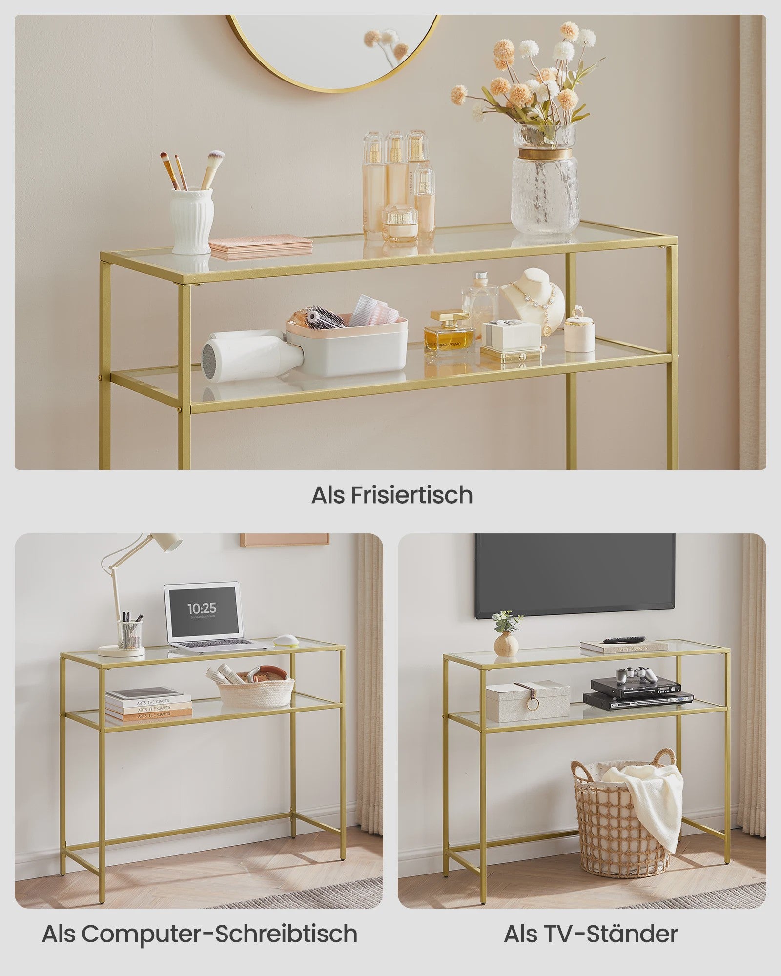 VASAGLE Console Tafel met 2 Glazen Legborden - Goudkleurig Metaal - 100x35x80 cm
