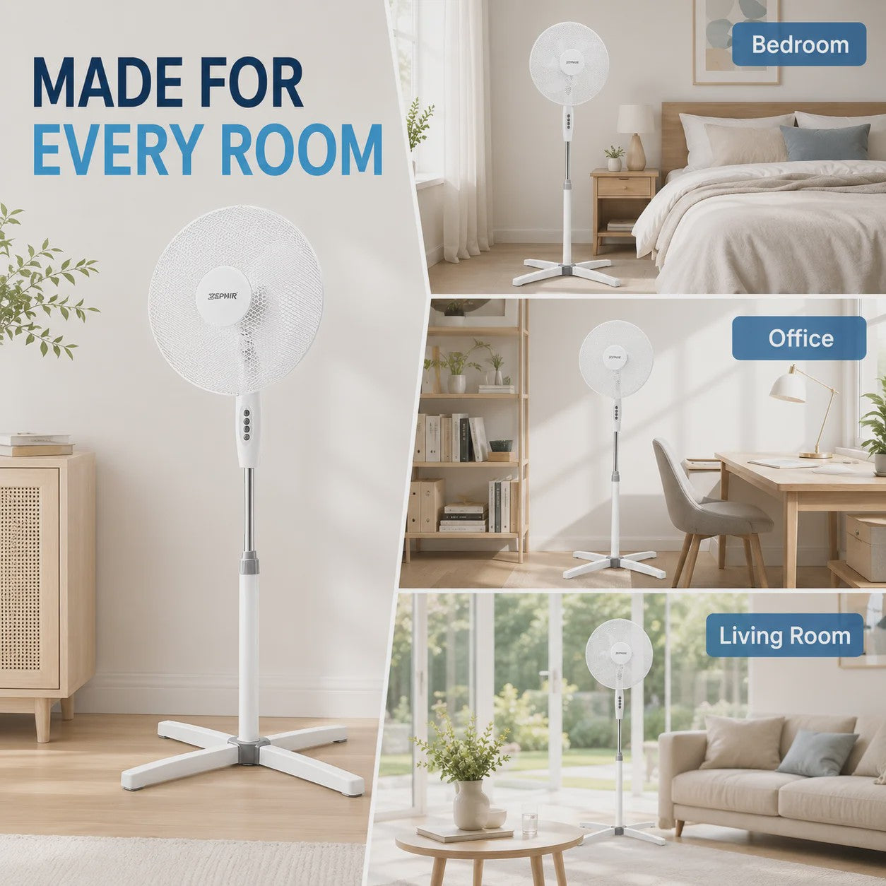 Zephir 40cm Staande Ventilator - 45W, 3 Snelheden, Verstelbare Hoogte tot 130cm, Oscillerend
