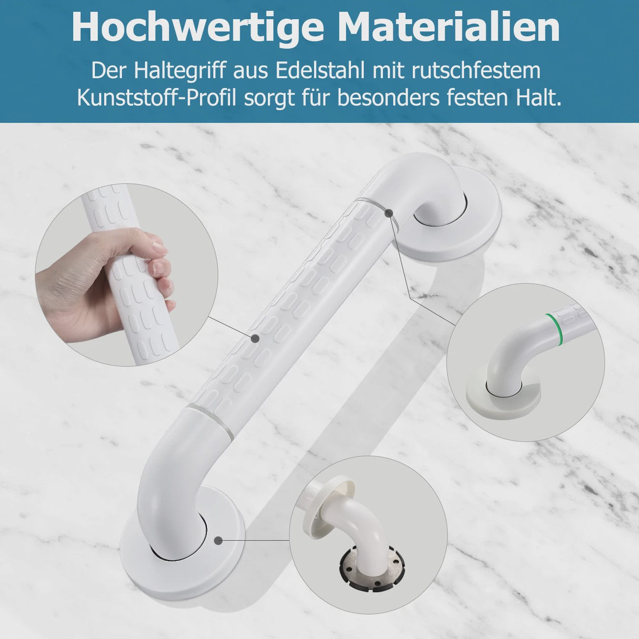 Antislip Beugel 35cm Wit RVS - Veiligheidshandgreep met Fluoriserende Ring voor Badkamer & Douche