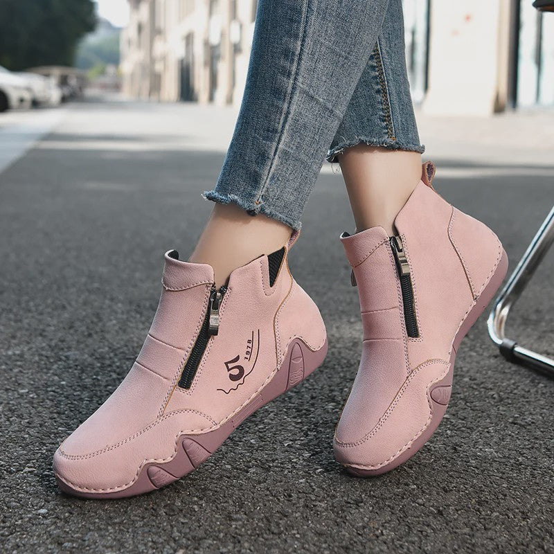 Dames Enkellaarsjes met Rits - Comfortabele Casual Leren Sneakers voor Lente & Herfst