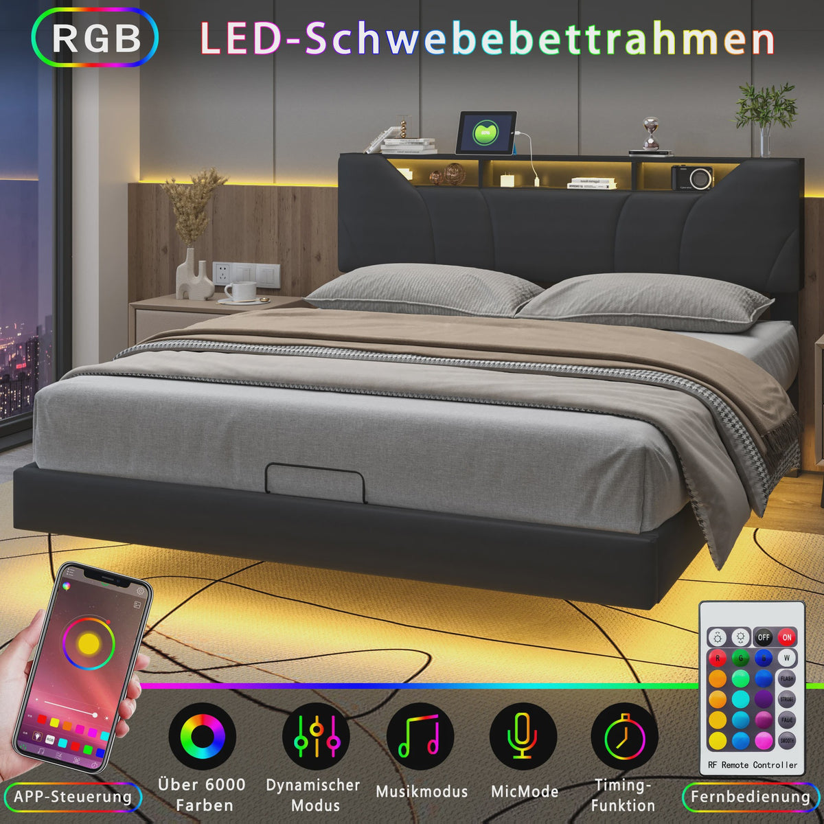 Anajqaqia Gestoffeerd Bed 140x200cm met Verstelbaar Hoofdbord en Opbergruimte