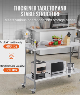 RVS Werktafel met Wielen - 24x60 inch - Zwaar Uitvoering - Professioneel & Thuisgebruik