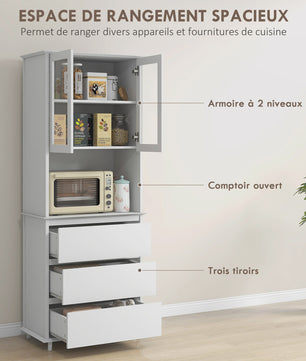 Keuken Buffetkast met Glazen Deuren, 3 Lades en Open Niche - Wit
