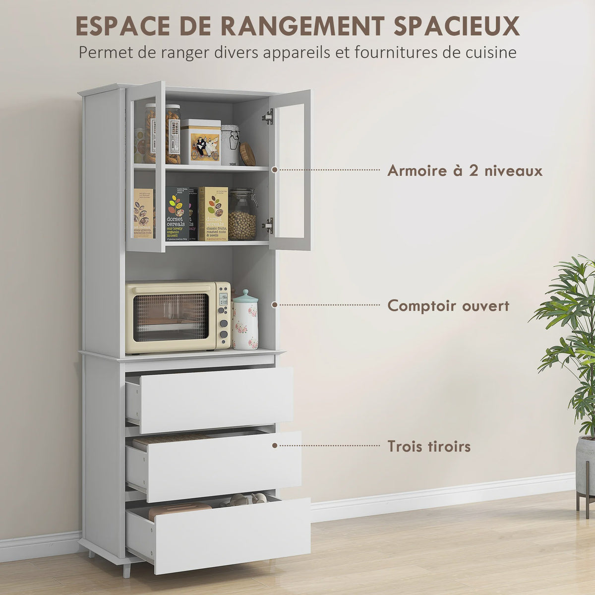 Keuken Buffetkast met Glazen Deuren, 3 Lades en Open Niche - Wit