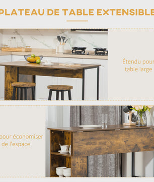 Bartafel met uitklapbaar blad en 3 open vakken - Rustiek bruin - 120x76x91.4 cm