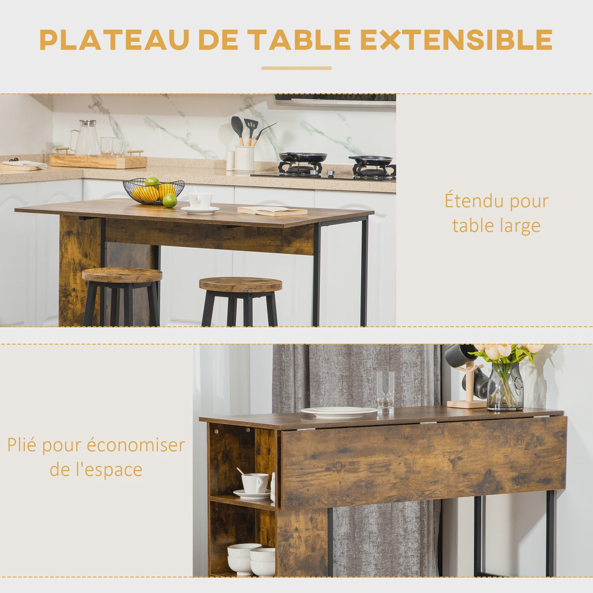 Bartafel met uitklapbaar blad en 3 open vakken - Rustiek bruin - 120x76x91.4 cm