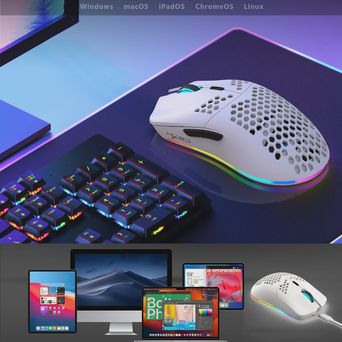 HXSJ T66 Gaming Muis: Draadloos, RGB, 10000DPI, 3 Modi (USB, 2.4G, BT 5.3), Macro Programmeerbaar