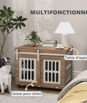 PawHut Houten Hondenkennel met Schuifdeur - Stijlvolle Hondenmand & Bijzettafel voor Middelgrote Honden - Goede Ventilatie