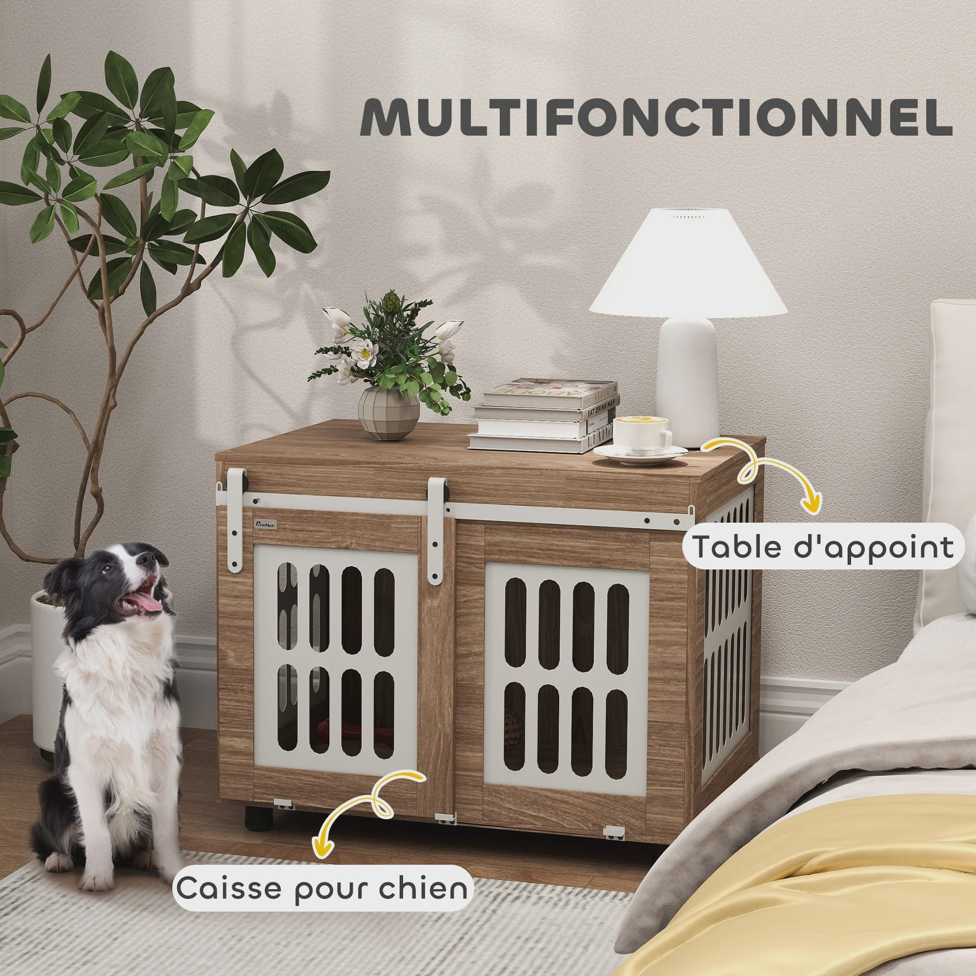 PawHut Houten Hondenkennel met Schuifdeur - Stijlvolle Hondenmand & Bijzettafel voor Middelgrote Honden - Goede Ventilatie