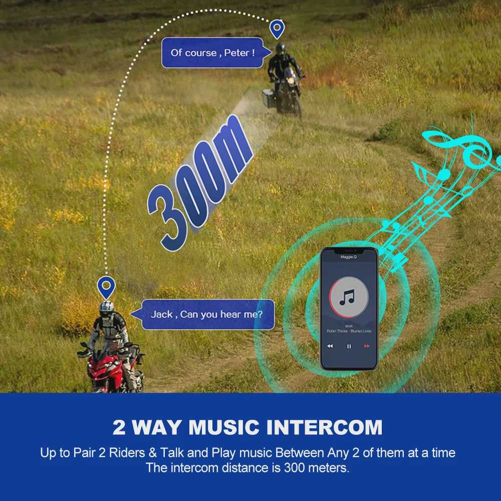Kebidumei YP10 2X Motorhelm Intercom Headset - Bluetooth 5.3, 300m Bereik, Waterdicht