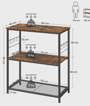 VASAGLE Keukenrek met 3 etages, 6 haken en 2 legborden - 80x40x90 cm