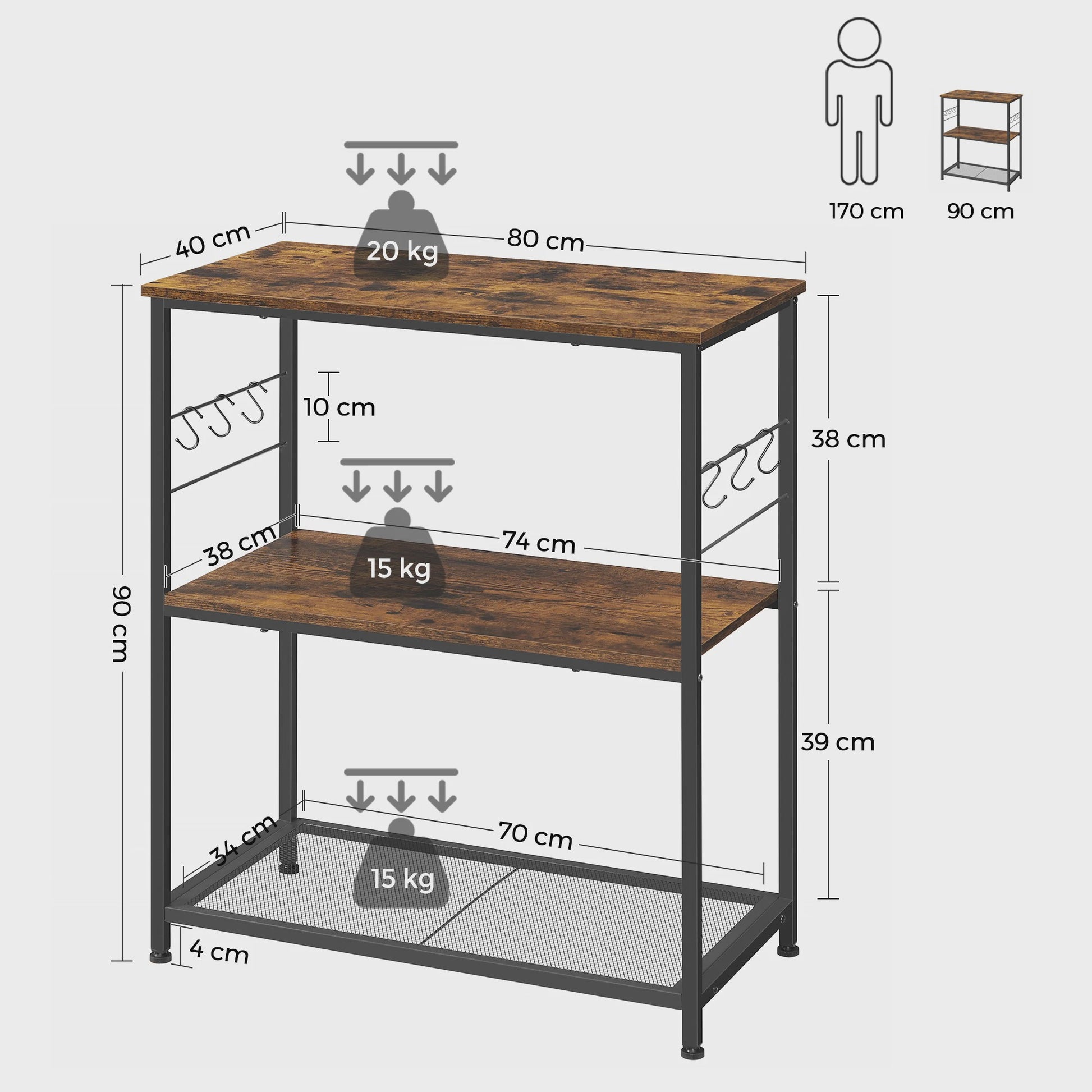 VASAGLE Keukenrek met 3 etages, 6 haken en 2 legborden - 80x40x90 cm