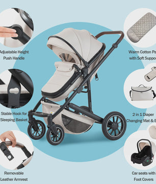 Luxe 3-in-1 Baby Kinderwagen: Hoge Landingsbaan Aluminium Frame, Inklapbaar, Reiswieg & Autostoel