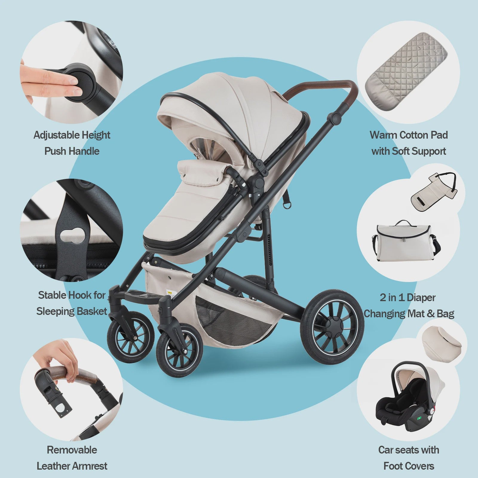 Luxe 3-in-1 Baby Kinderwagen: Hoge Landingsbaan Aluminium Frame, Inklapbaar, Reiswieg & Autostoel
