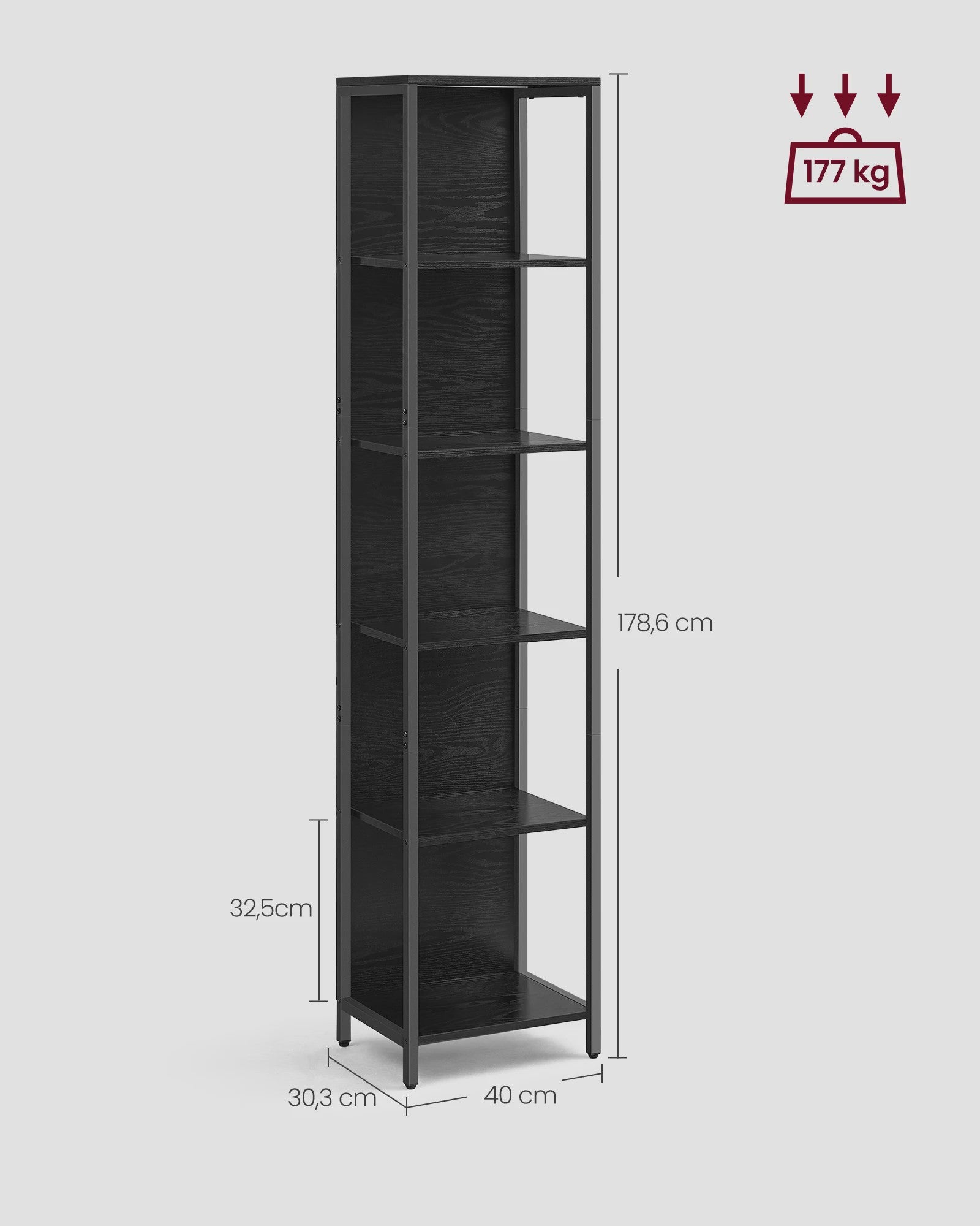 VASAGLE 6-laags Boekenkast met Verstelbare LED Verlichting en Stalen Frame - 30.3x40x178.6 cm