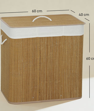 Homcom Bamboe Wasemmer met Deksel & 3 Vakken - 144L, Afneembare Voering, Handvatten - 60x40x60 cm