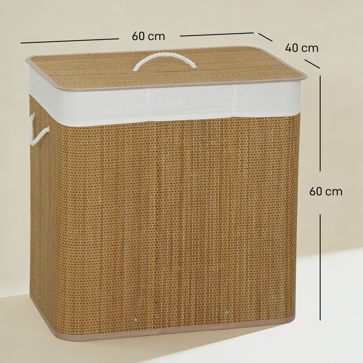Homcom Bamboe Wasemmer met Deksel & 3 Vakken - 144L, Afneembare Voering, Handvatten - 60x40x60 cm